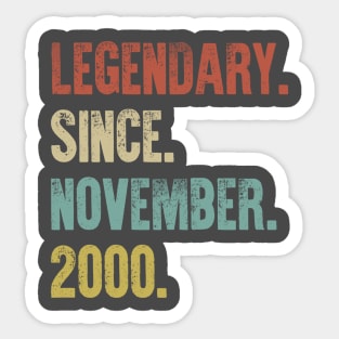 Retro Vintage 20th Birthday Legendary Since November 2000 Sticker